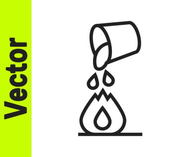 Beyaz arka planda izole edilmiş bir ateş ikonunu söndüren siyah çizgi su kovası. Vektör.