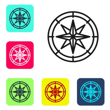Siyah çizgi pusula simgesi beyaz arkaplanda izole edildi. Rüzgâr yön bulma sembolü. Rüzgar gül işareti. Renkli kare düğmelerle simgeleri ayarla. Vektör.