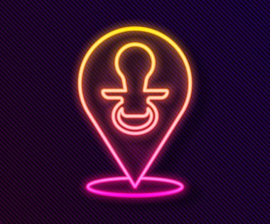 Parlayan neon hattı Bebek Emzik simgesi siyah arkaplanda izole edildi. Çocuk oyuncağı. Vektör.