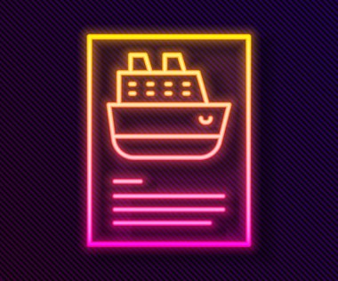 Parlayan neon hattı gemi simgesi siyah arkaplanda izole edildi. Seyahat turizmi deniz taşımacılığı. Yolcu gemisi, yolcu gemisi. Dünya çapında bir gezi. Vektör.