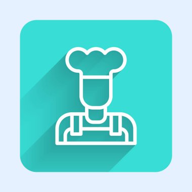 Beyaz çizgi aşçı ikonu uzun gölgeli izole edilmiş. Şef sembolü. Yeşil kare düğmesi. Vektör.