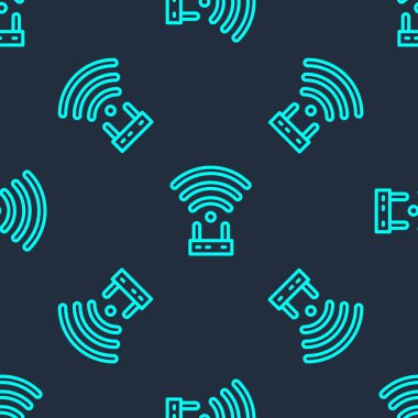 Yeşil hat Router ve wi-fi sinyal ikonu mavi arkaplanda izole edilmiş pürüzsüz desen. Kablosuz ethernet modem yönlendirici. Bilgisayar teknolojisi interneti. Vektör.