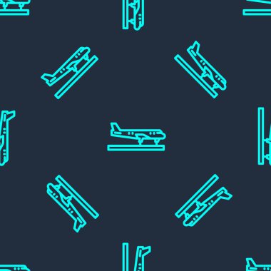 Yeşil çizgi düzlem simgesi mavi arkaplandaki kusursuz deseni izole etti. Uçan uçak ikonu. Uçak tabelası. Vektör.