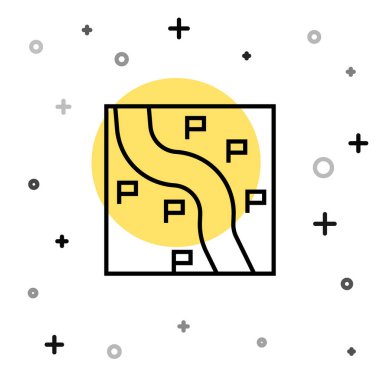 Siyah çizgi rota simgesi beyaz arkaplanda izole edildi. Tren yolu güzergahının başlangıç noktası GPS ve tire çizgisi olan yolu. Rastgele dinamik şekiller. Vektör.