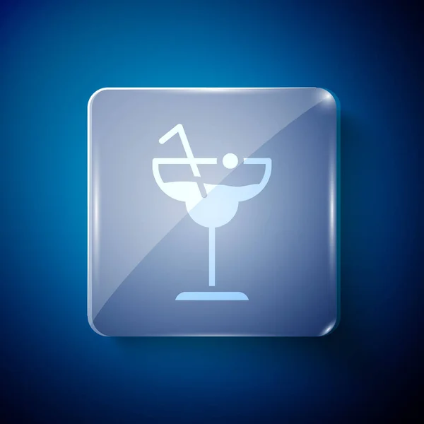 White Cocktail Alcohol Drink Icon Isolated Blue Background Square Glass — Stock Vector