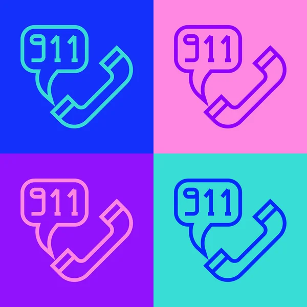 Pop Art Lijn Telefoon Met Noodoproep 911 Pictogram Geïsoleerd Kleur — Stockvector