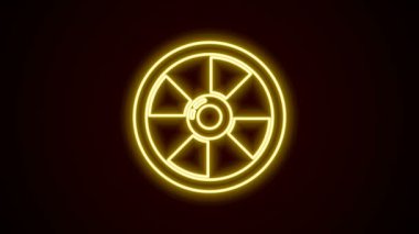 Parlayan neon çizgisi yuvarlak tahta kalkan ikonu siyah arkaplanda izole edildi. Güvenlik, güvenlik, koruma, mahremiyet, koruma kavramı. 4K Video hareketli grafik canlandırması