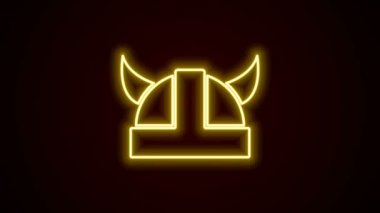 Siyah arka planda izole edilmiş boynuzlu miğfer ikonuyla parlayan neon hattı Viking. 4K Video hareketli grafik canlandırması