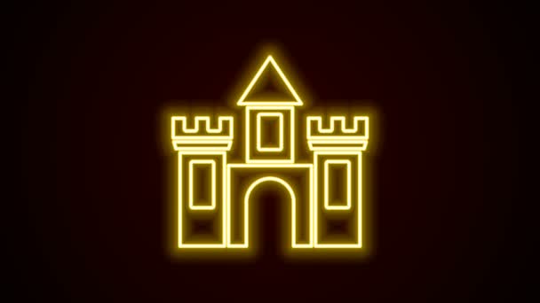 Glödande neon linje slott ikon isolerad på svart bakgrund. Medeltida fästning med torn. Skydd mot fiender. Tillförlitlighet och försvar av staden. 4K Video motion grafisk animation — Stockvideo