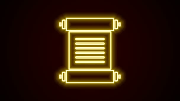 Glowing neon line Dekrit, kertas, perkamen, ikon gulir terisolasi di latar belakang hitam. Animasi grafis gerak Video 4K — Stok Video
