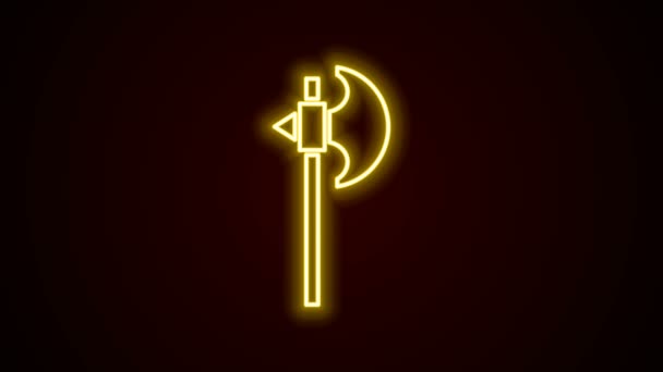 Glowing neon line Medieval axe icon isolated on black background. Battle axe, executioner axe. Medieval weapon. 4K Video motion graphic animation — Stock Video