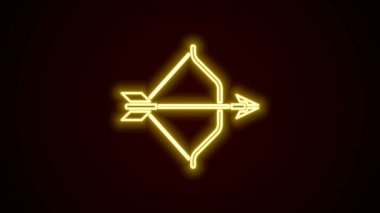 Parlayan neon hattı Ortaçağ yayı ve ok simgesi siyah arka planda izole edildi. Ortaçağ silahı. 4K Video hareketli grafik canlandırması