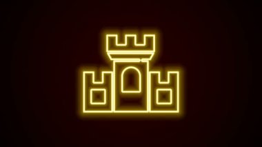 Parlayan neon hattı Castle simgesi siyah arkaplanda izole edildi. Kulesi olan bir ortaçağ kalesi. Düşmanlardan koruma. Şehrin güvenilirliği ve savunması. 4K Video hareketli grafik canlandırması