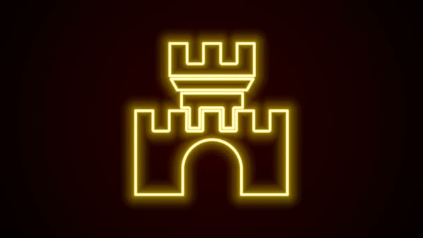 Glowing neon line Castle icon isolated on black background. Medieval fortress with a tower. Protection from enemies. Reliability and defense of the city. 4K Video motion graphic animation — Stock Video