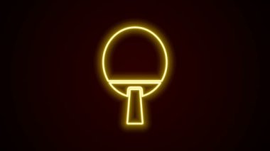 Masa tenisi ikonunu çalmak için parlayan neon hattı raketi siyah arkaplanda izole edildi. 4K Video hareketli grafik canlandırması