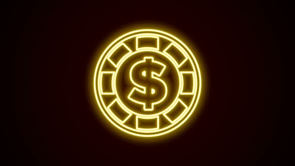 Gloeiende neon lijn Casino chip met dollar symbool pictogram geïsoleerd op zwarte achtergrond. Casino gokken. 4K Video motion grafische animatie — Stockvideo