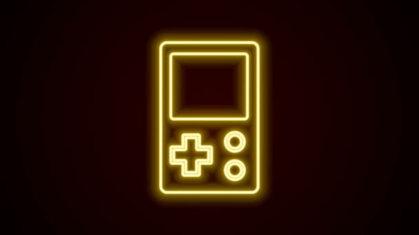 Λαμπερό νέον γραμμή Portable Tetris ηλεκτρονικό εικονίδιο παιχνιδιού απομονωμένο σε μαύρο φόντο. Vintage στυλ τσέπη τούβλο παιχνίδι. Διαδραστική συσκευή αναπαραγωγής. 4K Γραφική κίνηση κίνησης βίντεο — Αρχείο Βίντεο
