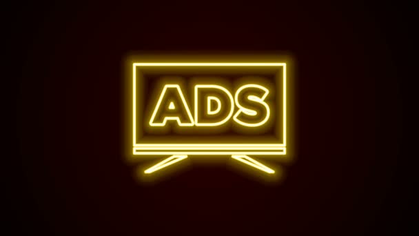 Zářící neonová čára Ikona reklamy izolovaná na černém pozadí. Koncepce marketingu a propagace. Reagující reklamy. Reklama na sociální média. Grafická animace pohybu videa 4K — Stock video