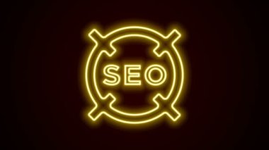 Parlayan neon hattı SEO optimizasyon simgesi siyah arkaplanda izole edildi. 4K Video hareketli grafik canlandırması
