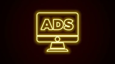 Parlayan neon hattı reklam simgesi siyah arkaplanda izole edildi. Pazarlama ve tanıtım süreci kavramı. İlgili reklamlar. Sosyal medya reklamcılığı. 4K Video hareketli grafik canlandırması