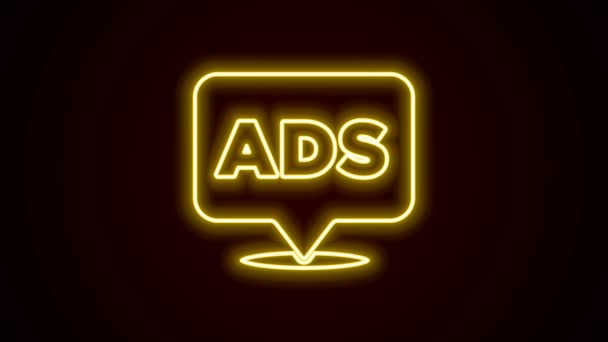 Leuchtende Leuchtschrift Werbeikone isoliert auf schwarzem Hintergrund. Konzept des Marketing- und Werbeprozesses. Reaktionsfähige Anzeigen. Werbung in den sozialen Medien. 4K Video Motion Grafik Animation — Stockvideo