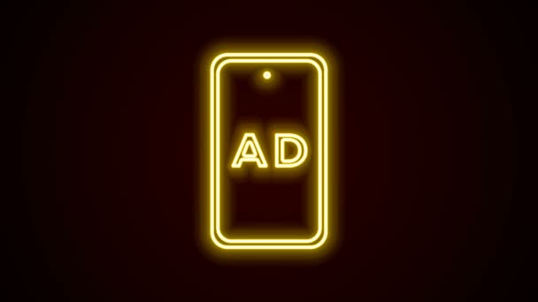 Gloeiende neon lijn Reclame pictogram geïsoleerd op zwarte achtergrond. Concept van marketing en promotie. Responsieve advertenties. Reclame voor sociale media. 4K Video motion grafische animatie — Stockvideo