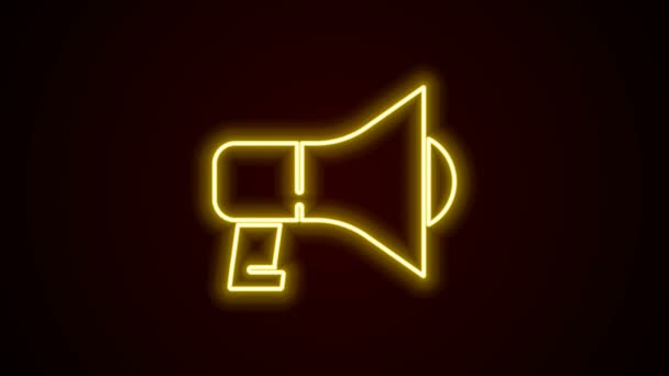 Icono de megáfono de línea de neón brillante aislado sobre fondo negro. Firma del portavoz. Animación gráfica de vídeo 4K — Vídeo de stock