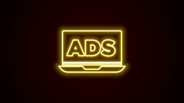 Ragyogó neon vonal Reklám ikon elszigetelt fekete alapon. A marketing és promóciós folyamat koncepciója. Reszponzív hirdetések. Közösségi média reklám. 4K Videó mozgás grafikus animáció — Stock videók