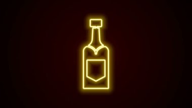 Parlayan neon hattı, siyah arka planda izole edilmiş şampanya şişesi ikonu. 4K Video hareketli grafik canlandırması