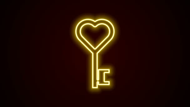 Glödande neon line nyckel i hjärtform ikon isolerad på svart bakgrund. Alla hjärtans dag symbol. 4K Video motion grafisk animation — Stockvideo