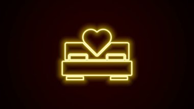 Parlayan neon hattı yatak odası simgesi siyah arkaplanda izole edildi. Düğün, aşk, evlilik sembolü. Balayı koleksiyonundan yatak odası yaratıcı ikonu. 4K Video hareketli grafik canlandırması