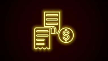 Parlayan neon hattı kağıt ya da finansal kontrol simgesi siyah arkaplanda izole edildi. Kağıt baskı çeki, makbuz ya da fatura. 4K Video hareketli grafik canlandırması