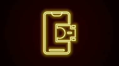 Parlayan neon hattı Mobil bankacılık simgesi siyah arkaplanda izole edildi. Cep telefonu ekranına cep telefonu bankacılığı yoluyla para aktar. 4K Video hareketli grafik canlandırması