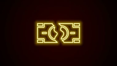 Parlayan neon hattı siyah arka planda izole edilmiş iki barış simgesine para banknotunu parçalıyor. 4K Video hareketli grafik canlandırması