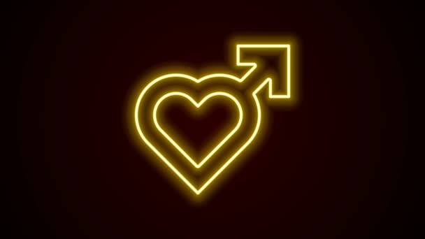 Светящаяся неоновая линия Сердце с мужской символикой пола изолированы на черном фоне. Видеографическая анимация 4K — стоковое видео