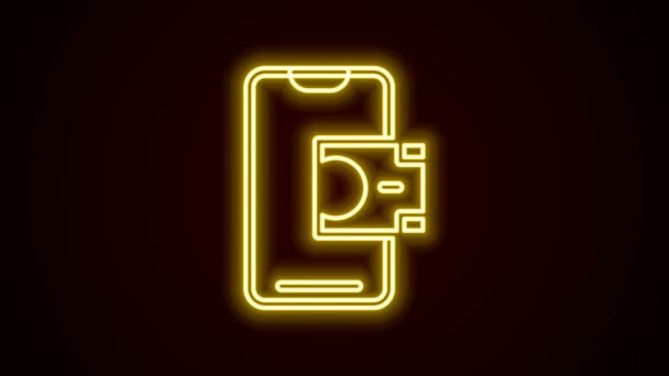 Светящийся неоновый символ мобильного банкинга выделен на черном фоне. Перевод денег через мобильный банкинг на экран мобильного телефона. Видеографическая анимация 4K — стоковое видео