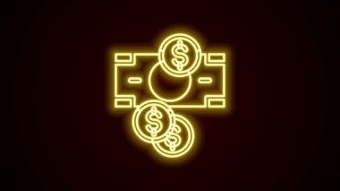 Parlak neon hattı kağıt para yığını ve dolar sembollü para siyah arka planda izole edilmiş dolar sembolü. Para desteleri. 4K Video hareketli grafik canlandırması