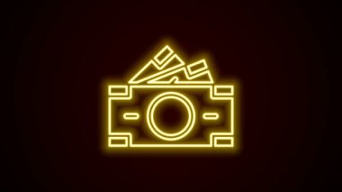 Parlak neon hattı kağıt yığınları para ikonu siyah arka planda izole. Para desteleri. Para birimi. 4K Video hareketli grafik canlandırması