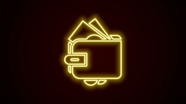 Parlak neon çizgili cüzdan destesi deste deste kağıt para nakit ikonu siyah arka planda izole. Çanta ikonu. Nakit tasarruf sembolü. 4K Video hareketli grafik canlandırması