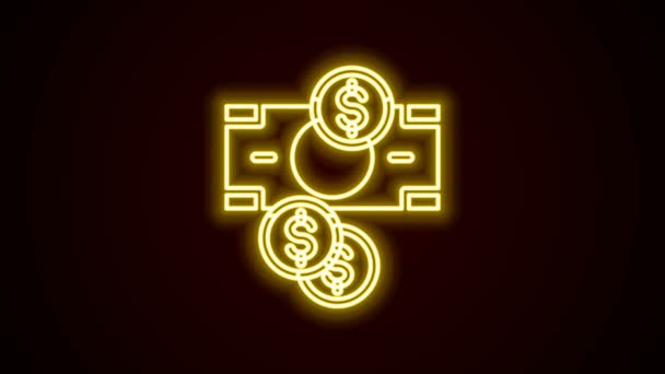 Gloeiende neon lijn Stapelt papiergeld cash en munt geld met dollar symbool pictogram geïsoleerd op zwarte achtergrond. Bankbiljetten stapelen zich op. 4K Video motion grafische animatie — Stockvideo