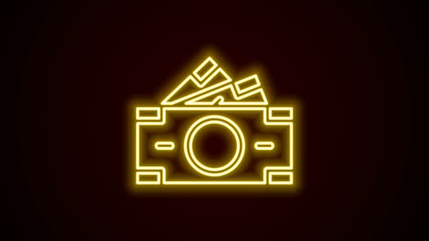 Žhnoucí neonové čáry Stacks papírové peníze hotovost ikona izolované na černém pozadí. Hromádky bankovek. Bilanční měna. Grafická animace pohybu videa 4K — Stock video