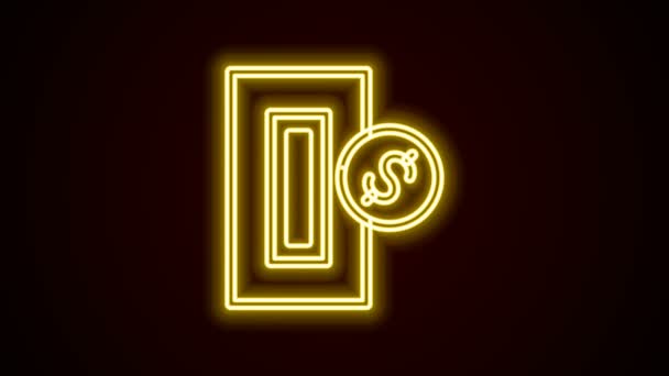 Linha de néon brilhante Mão inserindo moeda em um slot em uma máquina de venda automática ou ícone de máquina de arcade isolado no fundo preto. Animação gráfica em movimento de vídeo 4K — Vídeo de Stock
