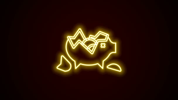 Leuchtende Leuchtschrift Gebrochenes Sparschwein-Symbol isoliert auf schwarzem Hintergrund. Ikonensparen oder Geldanhäufung, Investition. 4K Video Motion Grafik Animation — Stockvideo