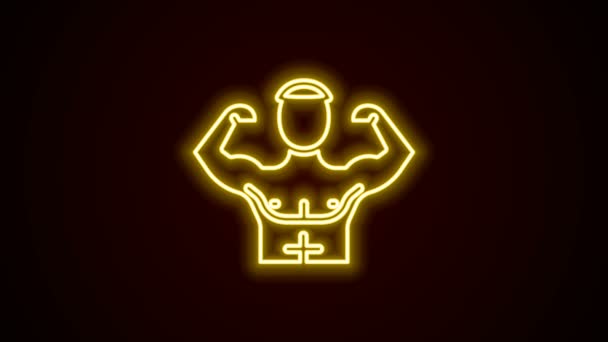Glödande neon line Bodybuilder visar sina muskler ikonen isolerad på svart bakgrund. Passform fitness styrka hälsa hobby koncept. 4K Video motion grafisk animation — Stockvideo