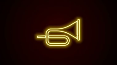 Parlayan neon hattı. Siyah zemin üzerinde izole edilmiş trompet ikonu. 4K Video hareketli grafik canlandırması
