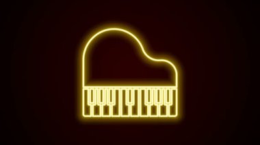 Parlayan neon hattı, siyah arkaplanda izole edilmiş büyük piyano ikonu. Müzik aleti. 4K Video hareketli grafik canlandırması