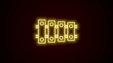 Parlayan neon hattı ksilofon - 13 tahta çubuklu müzik aleti ve siyah arka planda izole edilmiş iki perküsyon tokmağı ikonu. 4K Video hareketli grafik canlandırması