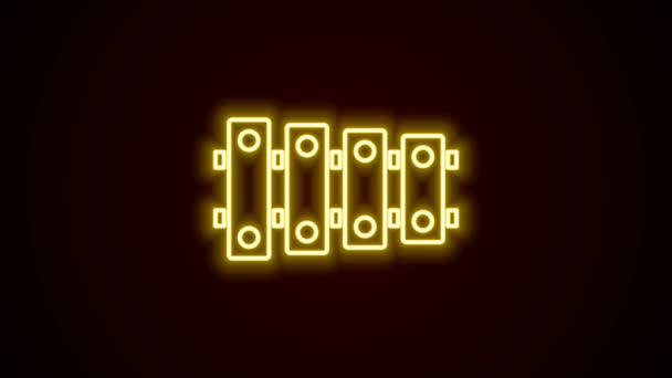 Žhnoucí neonová linka Xylofon - hudební nástroj s třinácti dřevěnými tyčemi a dvěma bicími palicemi ikona izolované na černém pozadí. Grafická animace pohybu videa 4K — Stock video