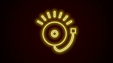 Parlayan neon hattı alarm zili simgesi siyah arkaplanda izole edildi. Yangın alarmı. Servis zili, el zili işareti, uyarı sembolü. 4K Video hareketli grafik canlandırması