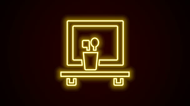 Leuchtende Neon-Linie Waschbecken Spiegel Symbol isoliert auf schwarzem Hintergrund. Badezimmerausstattung mit Spiegel. 4K Video Motion Grafik Animation — Stockvideo